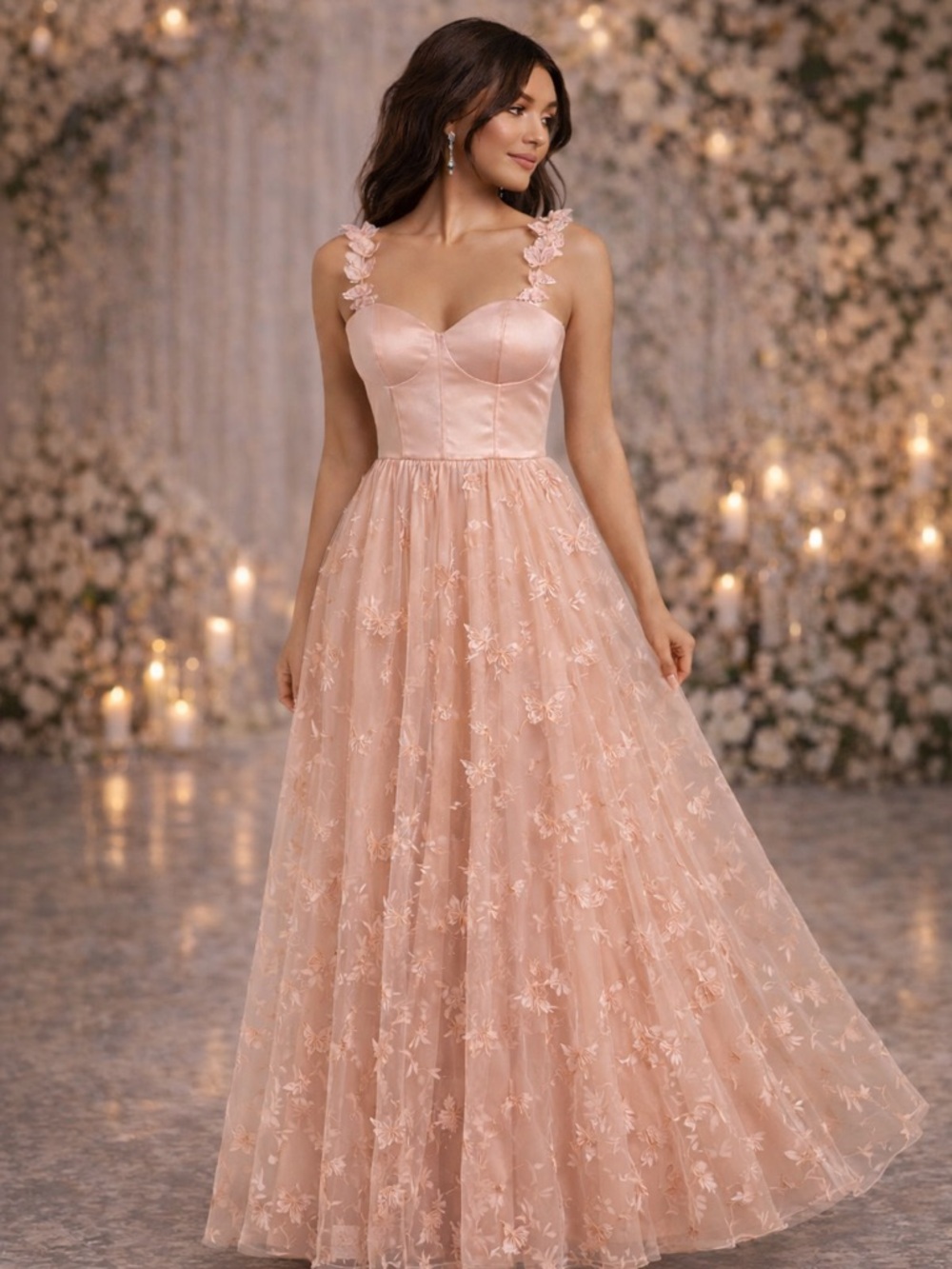 Antonio Milano Blush Pink Floral Tulle Gown Corset Maxi Dress NWT